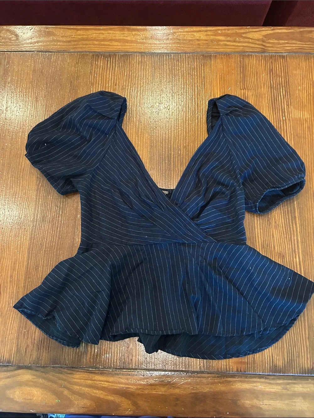 Free People Navy Pinstripe Peplum Wrap Blouse